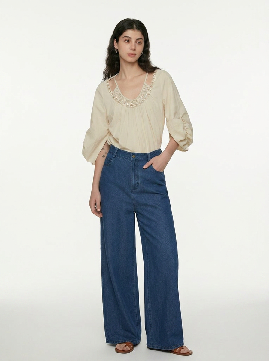 Relaxed Round Neck Cotton Blouse