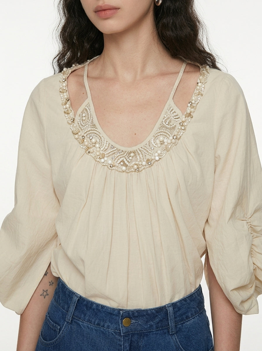 Relaxed Round Neck Cotton Blouse