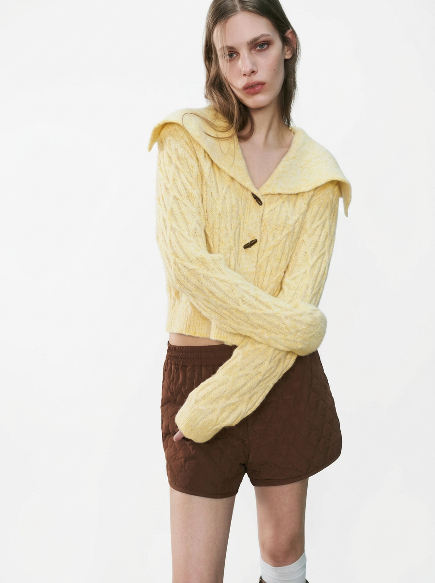 Cropped Cable Knit Shawl Collar Cardigan