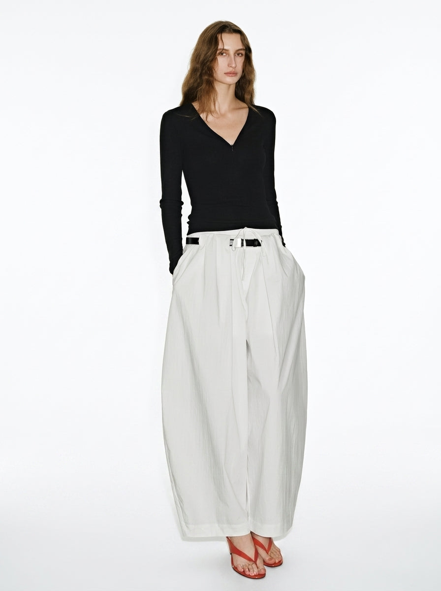 Wide-Leg Pleated Drawstring Pants