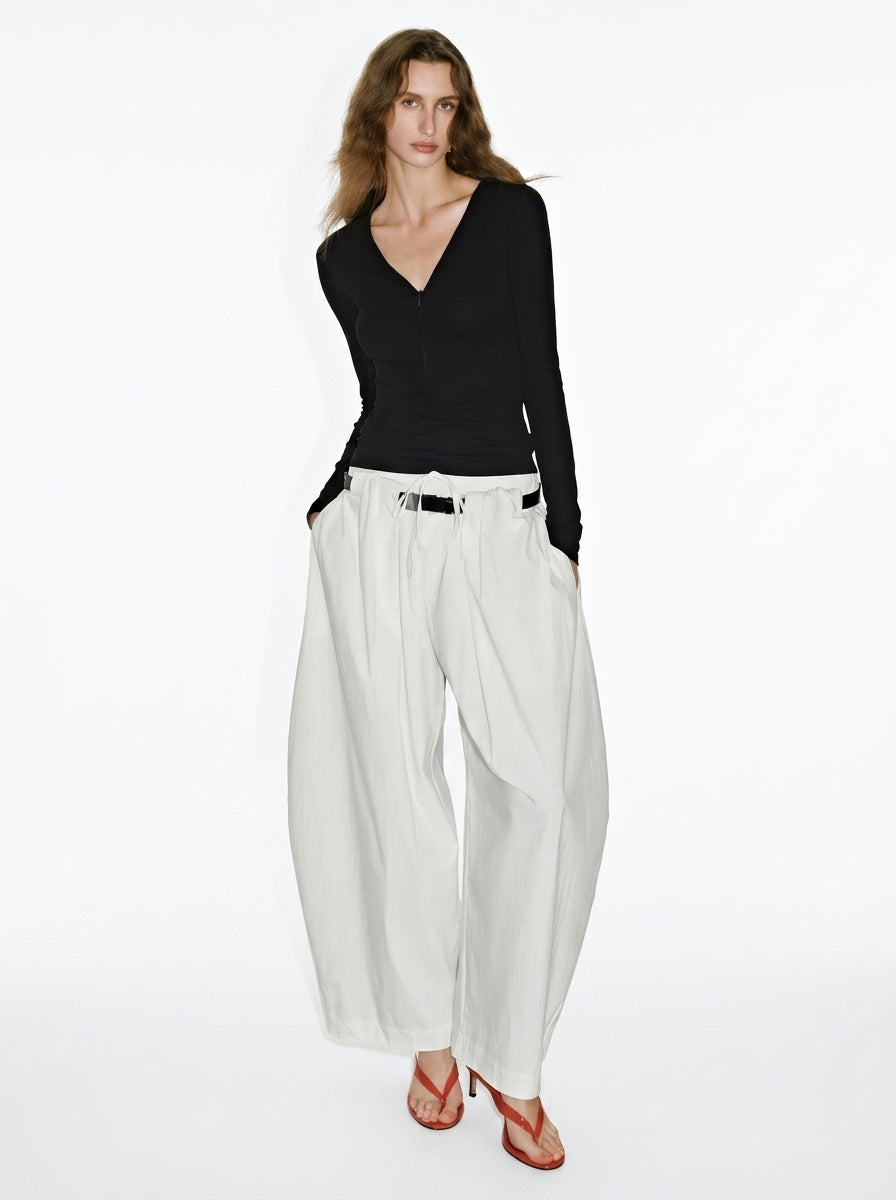 Wide-Leg Pleated Drawstring Pants