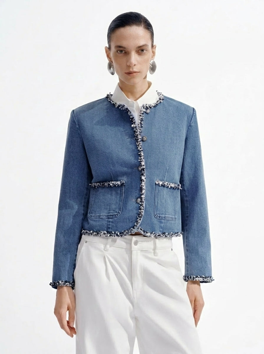 Blue Denim Tweed Trim Jacket