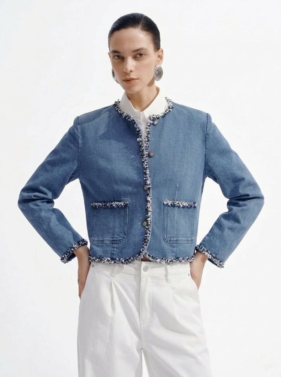 Blue Denim Tweed Trim Jacket