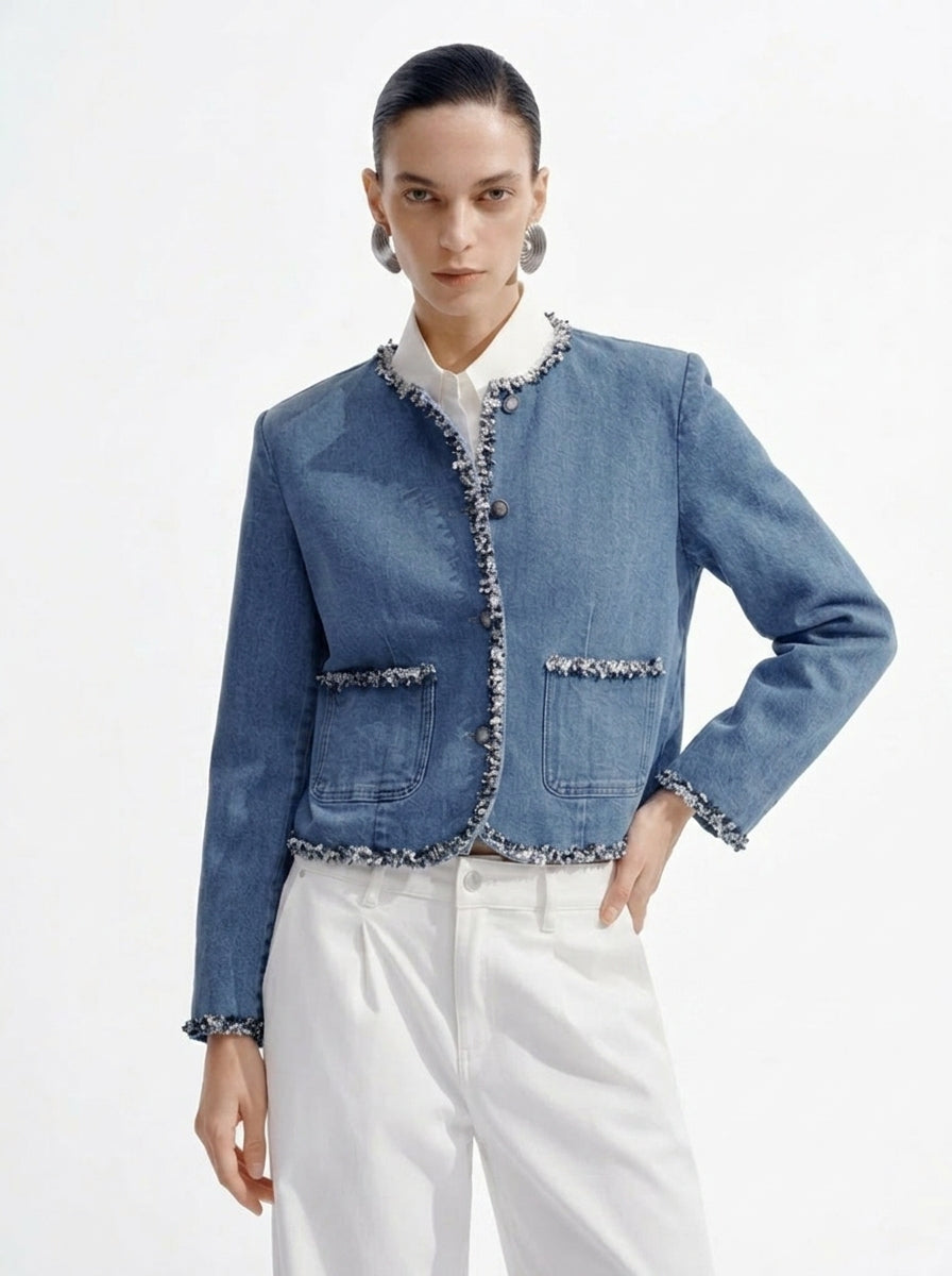 Blue Denim Tweed Trim Jacket