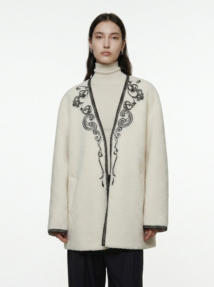 Embroidered V-Neck Short Wool Jacket