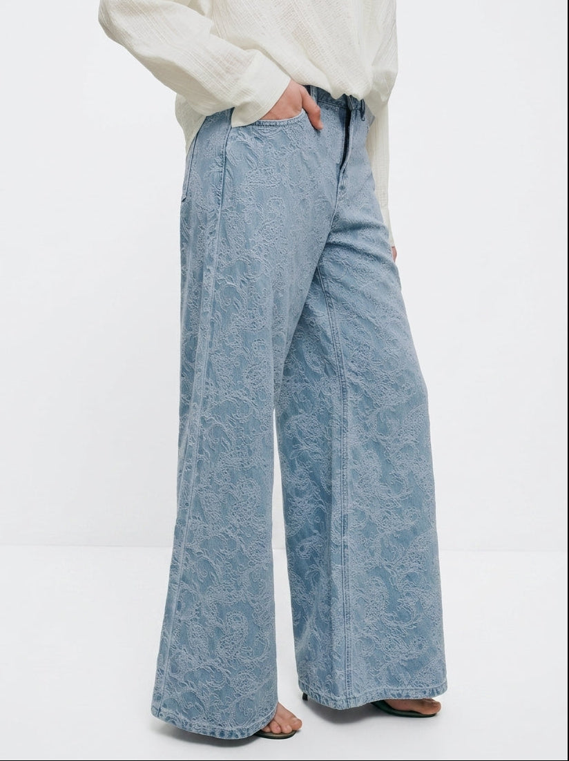 Blue Lace Wide-Leg Pants