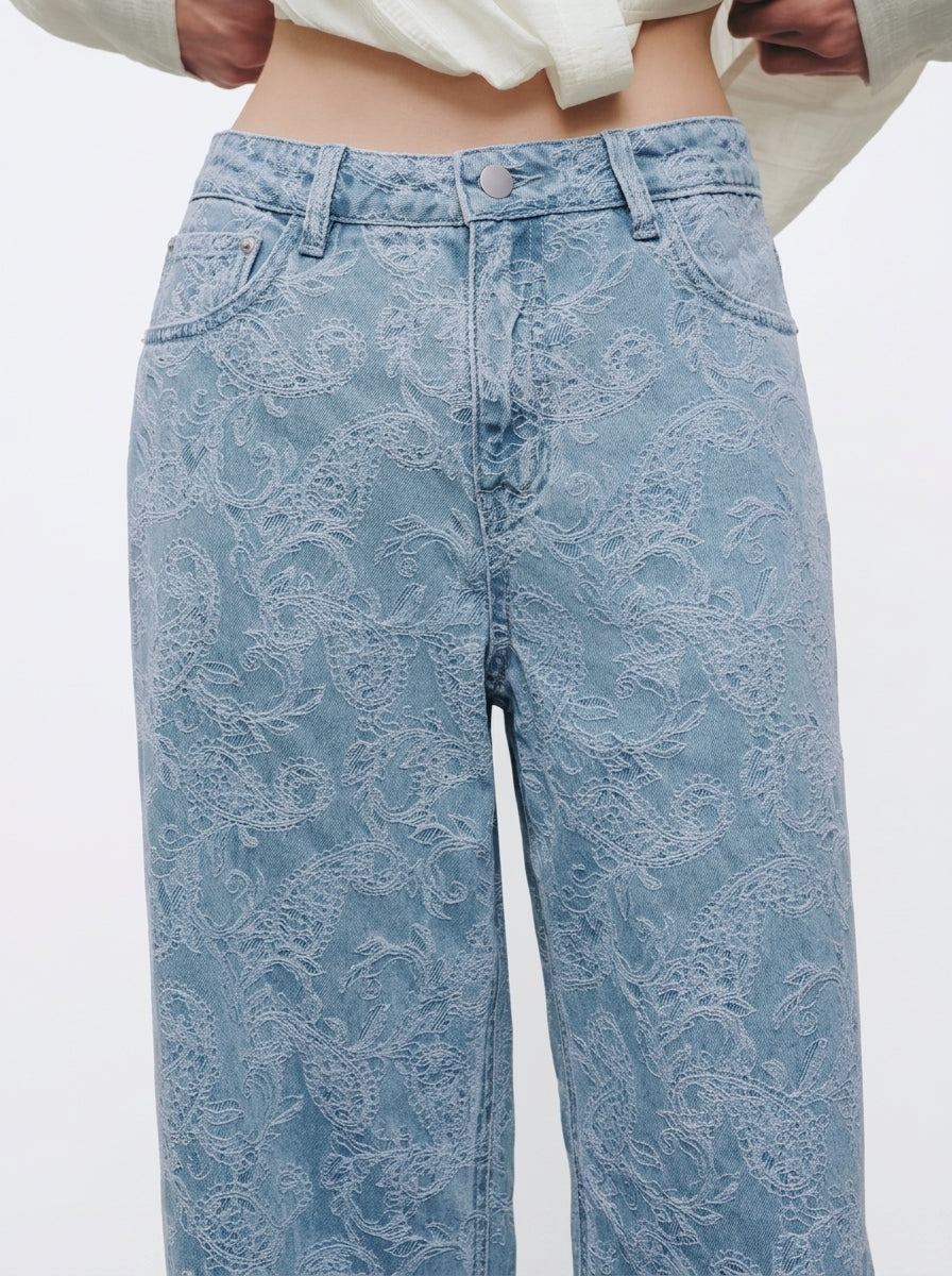 Blue Lace Wide-Leg Pants