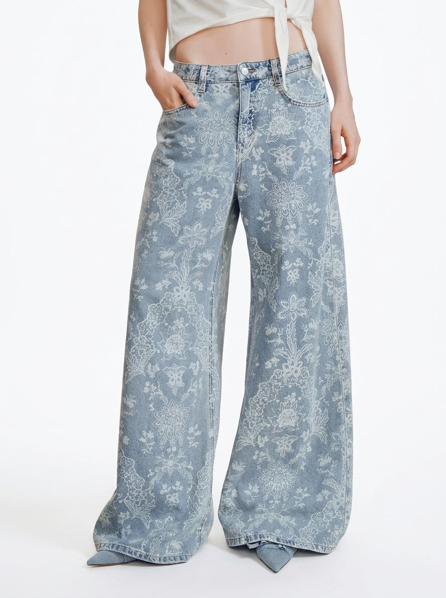 Floral Jacquard Wide-Leg Jeans
