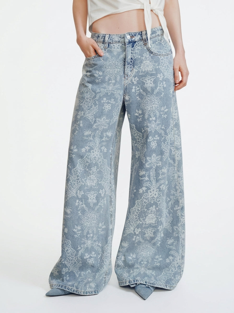 Floral Jacquard Wide-Leg Jeans