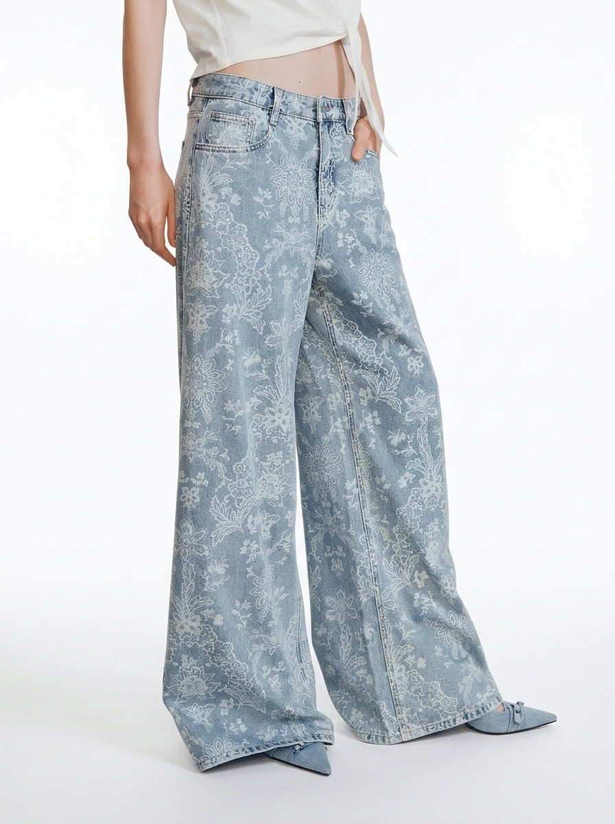 Floral Jacquard Wide-Leg Jeans