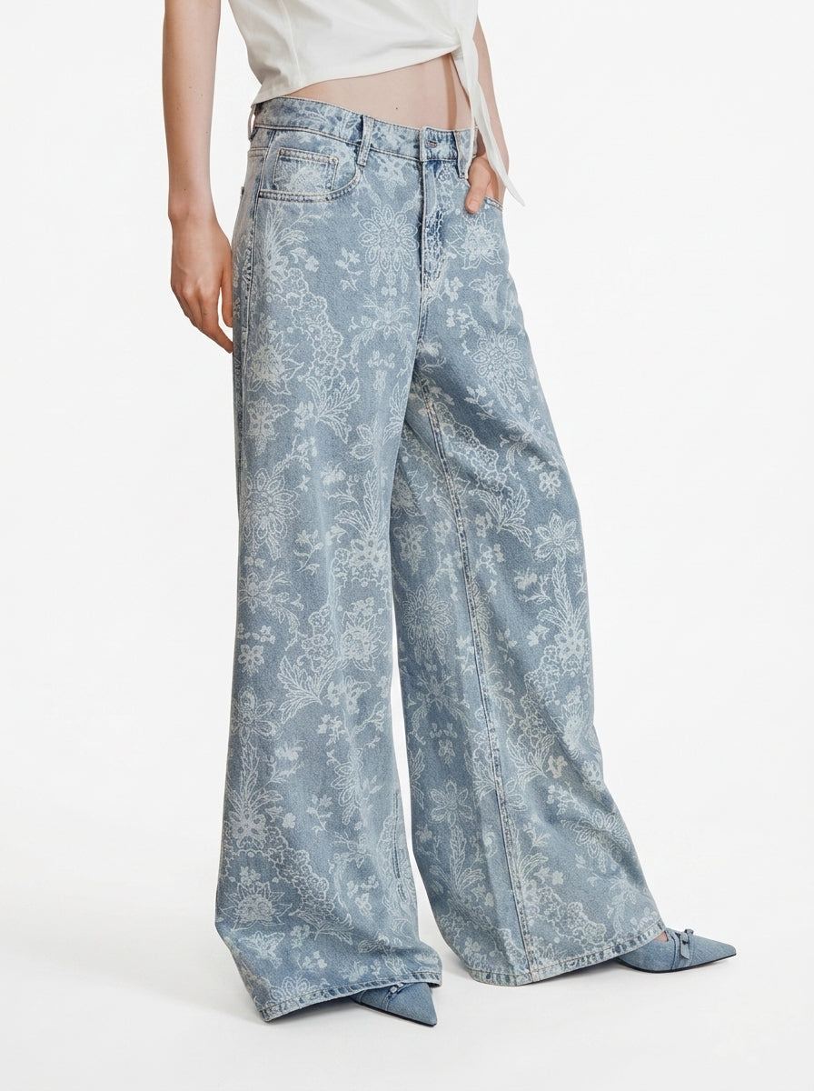 Floral Jacquard Wide-Leg Jeans