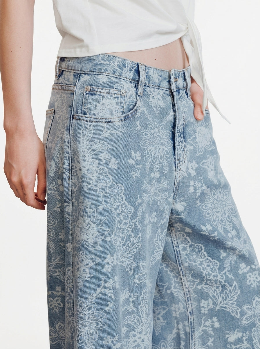 Floral Jacquard Wide-Leg Jeans