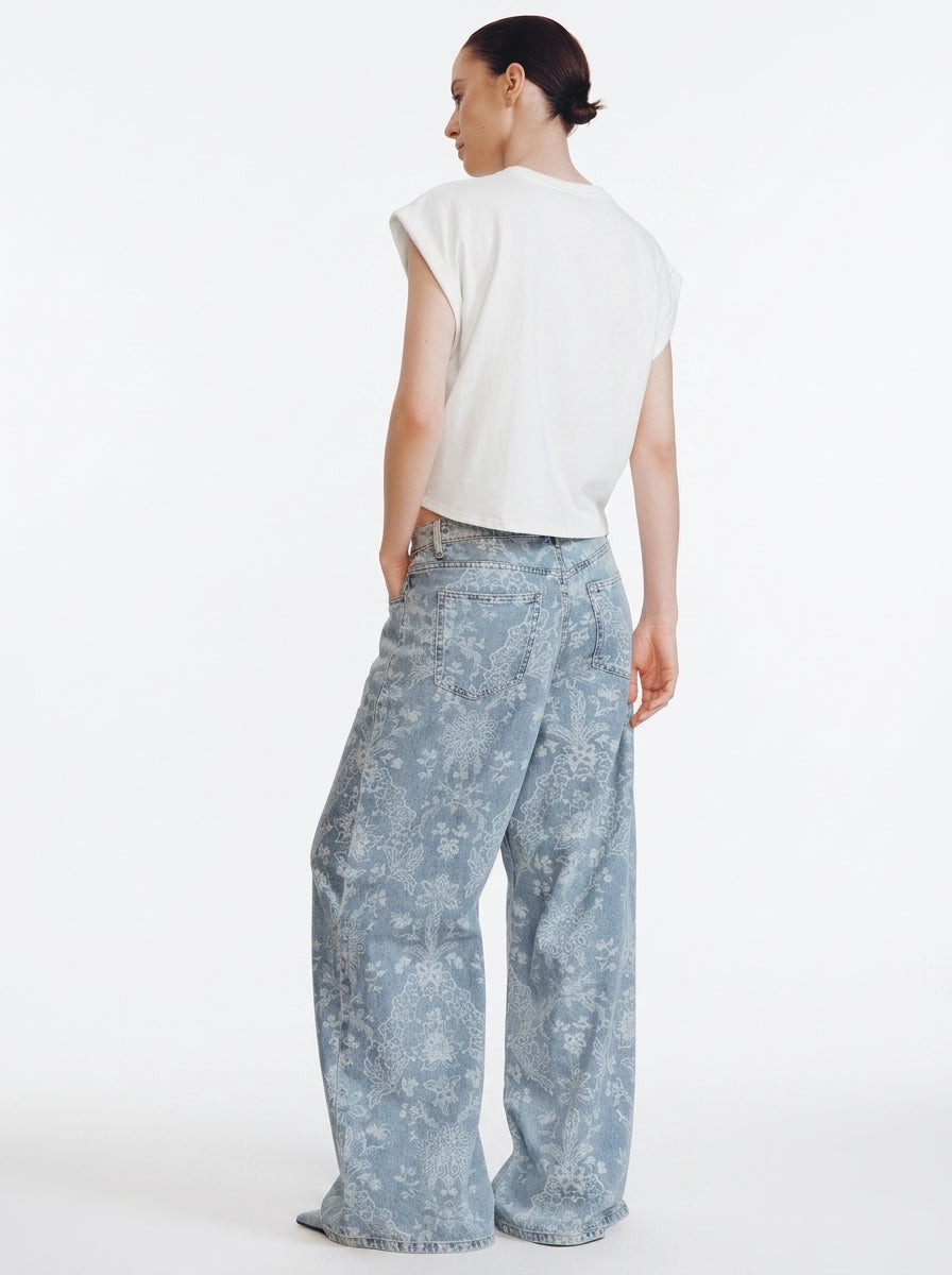 Floral Jacquard Wide-Leg Jeans