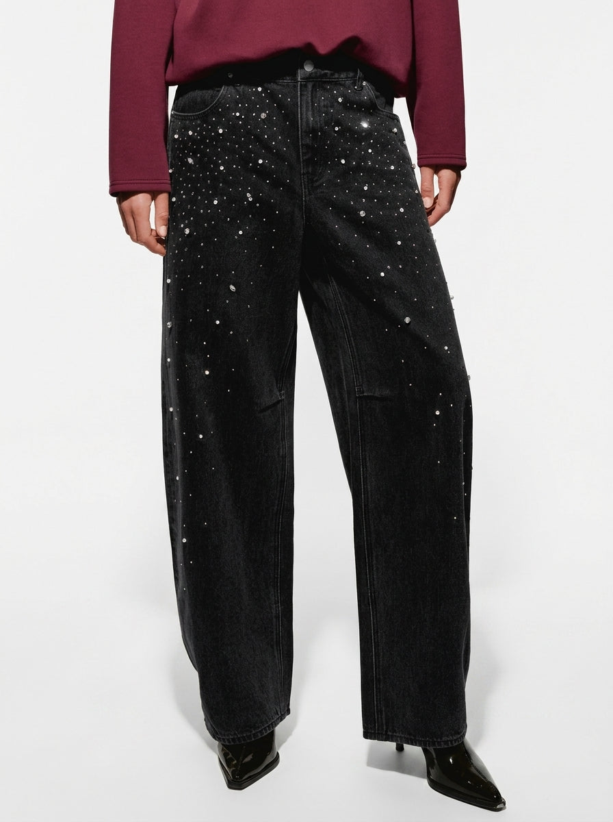 Starry Rhinestone Embellished Wide-Leg Jeans
