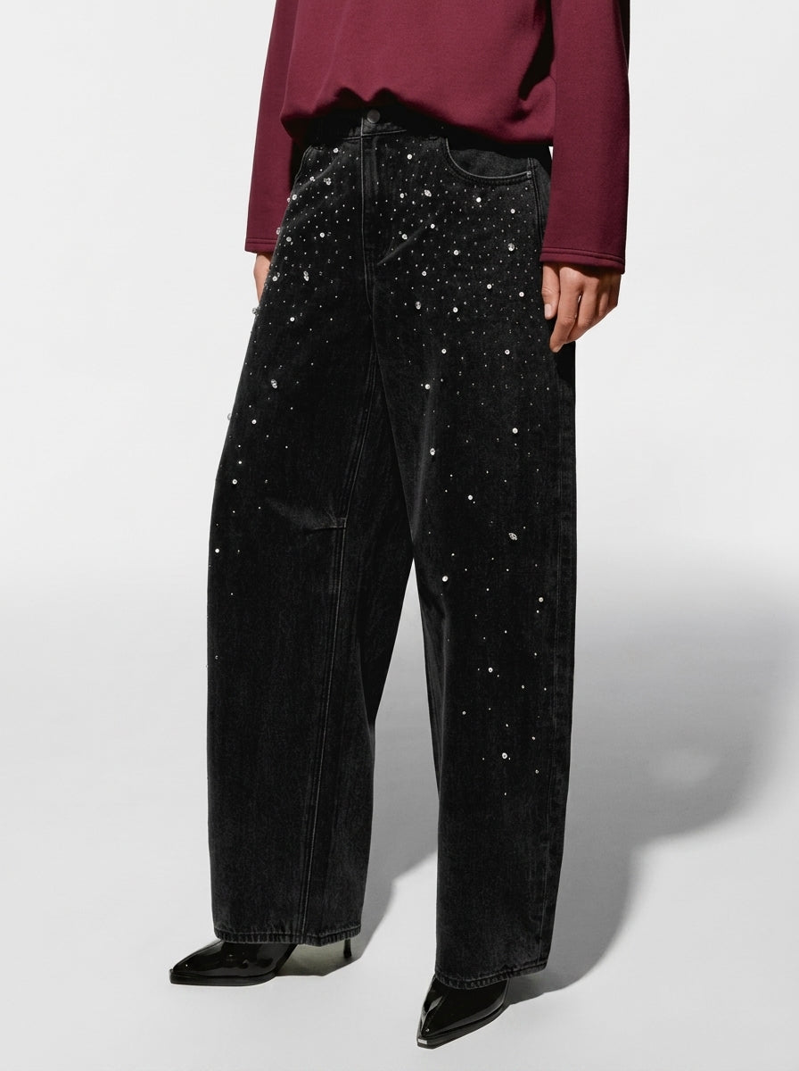 Starry Rhinestone Embellished Wide-Leg Jeans