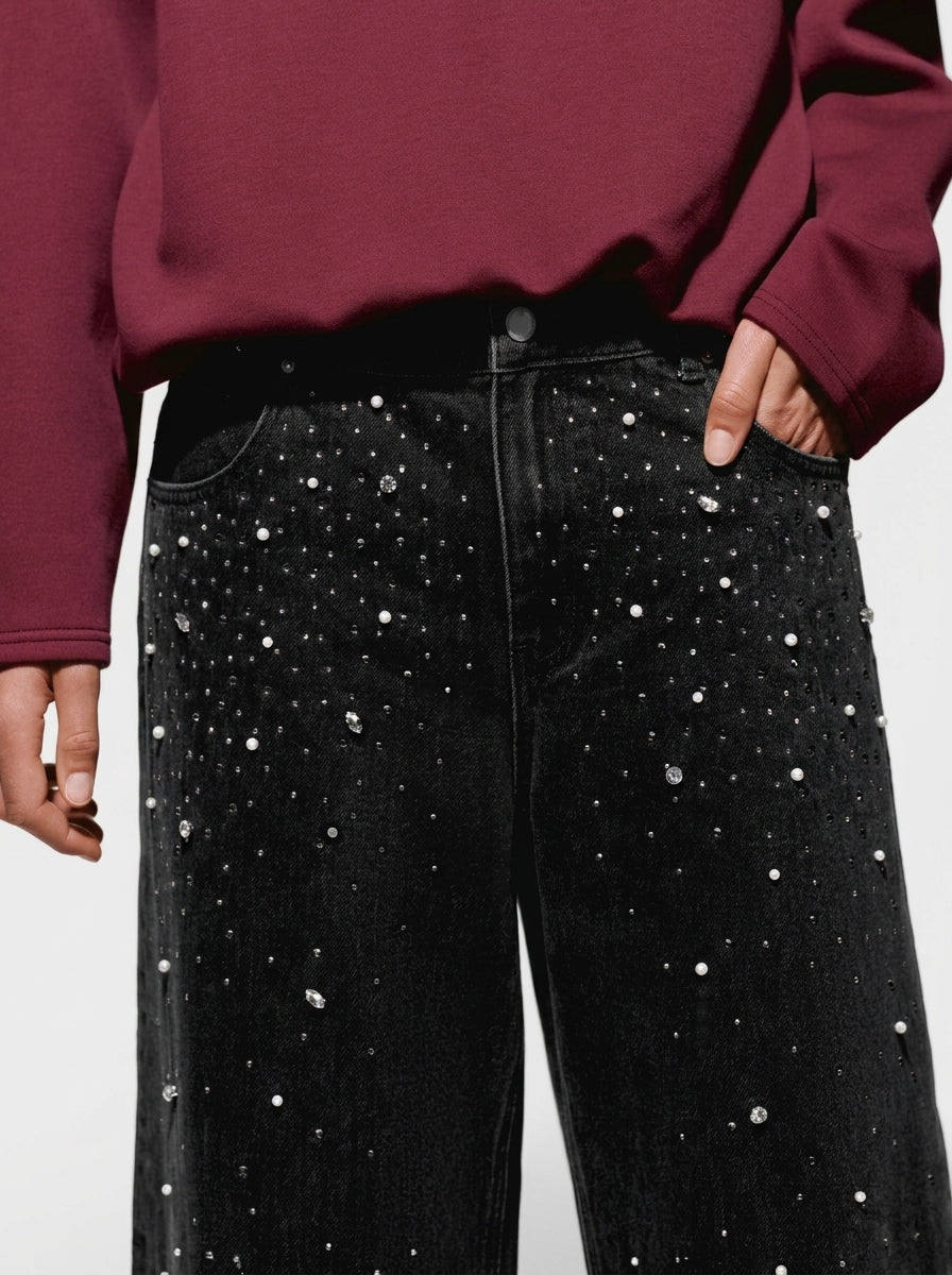 Starry Rhinestone Embellished Wide-Leg Jeans