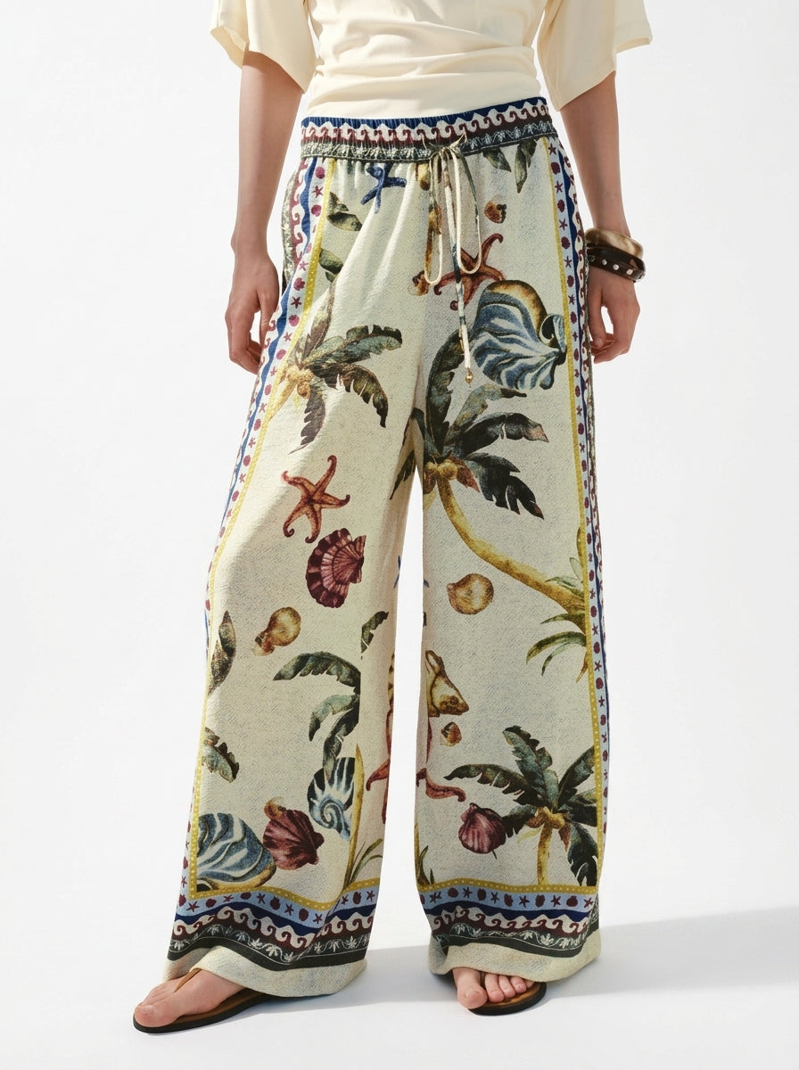 Tropical Print Wide-Leg Palazzo Pants