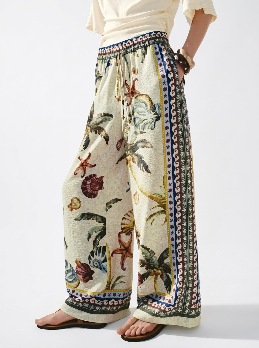 Tropical Print Wide-Leg Palazzo Pants
