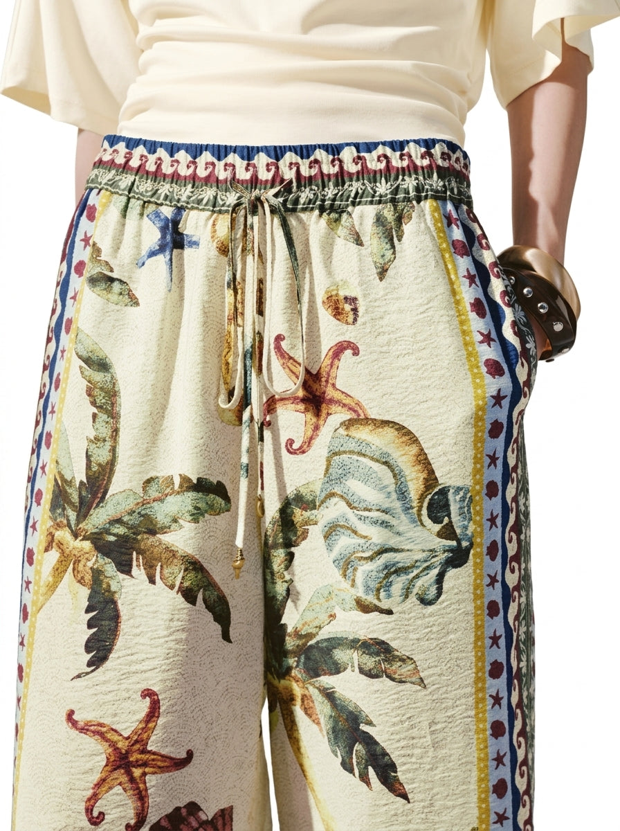Tropical Print Wide-Leg Palazzo Pants