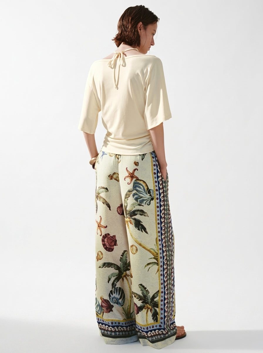Tropical Print Wide-Leg Palazzo Pants