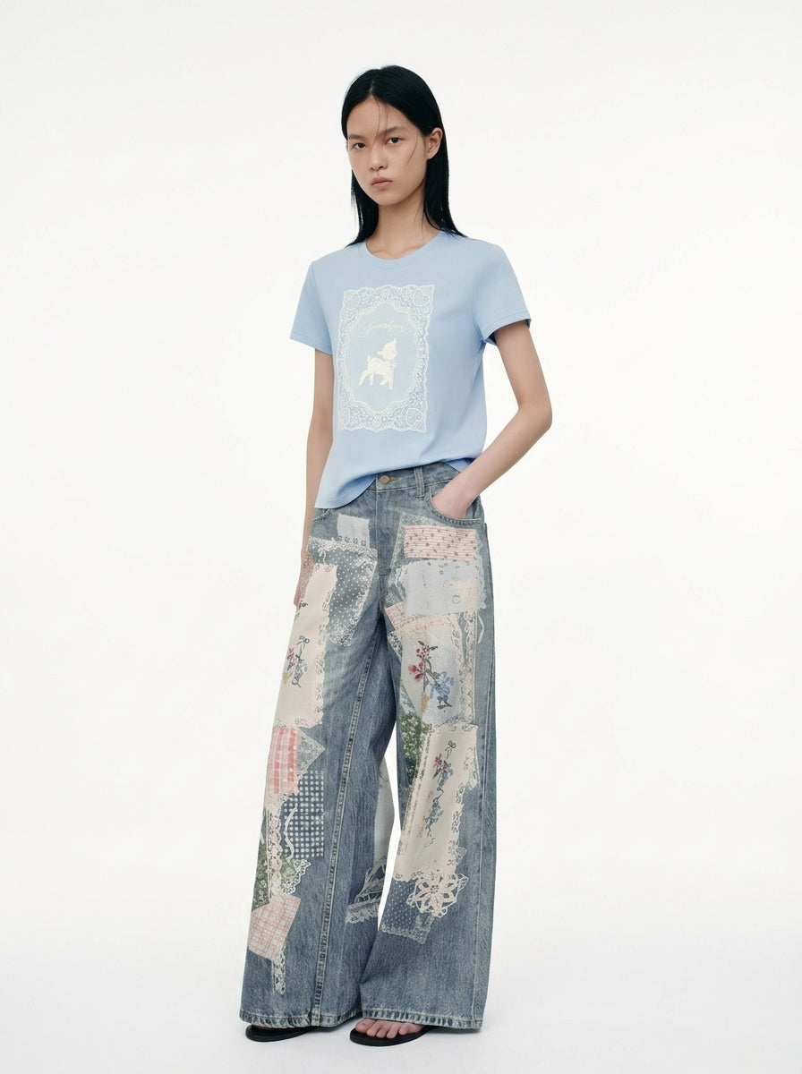 Patchwork Floral Wide-Leg Jeans