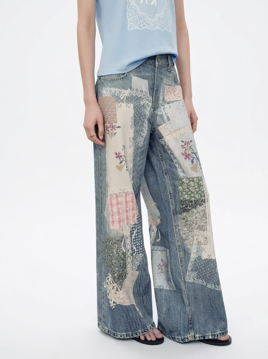 Patchwork Floral Wide-Leg Jeans