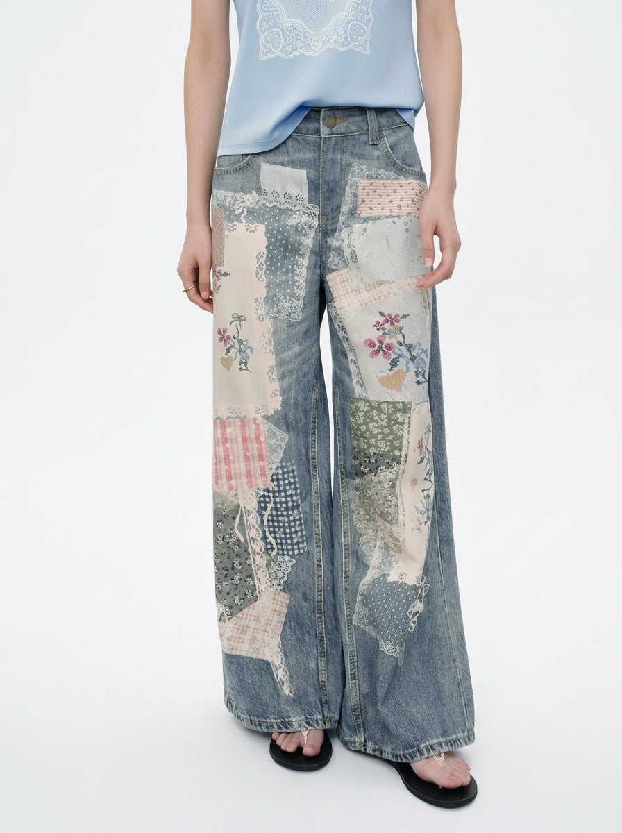 Patchwork Floral Wide-Leg Jeans