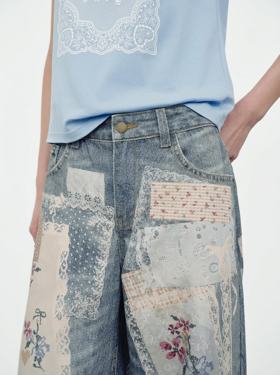 Patchwork Floral Wide-Leg Jeans