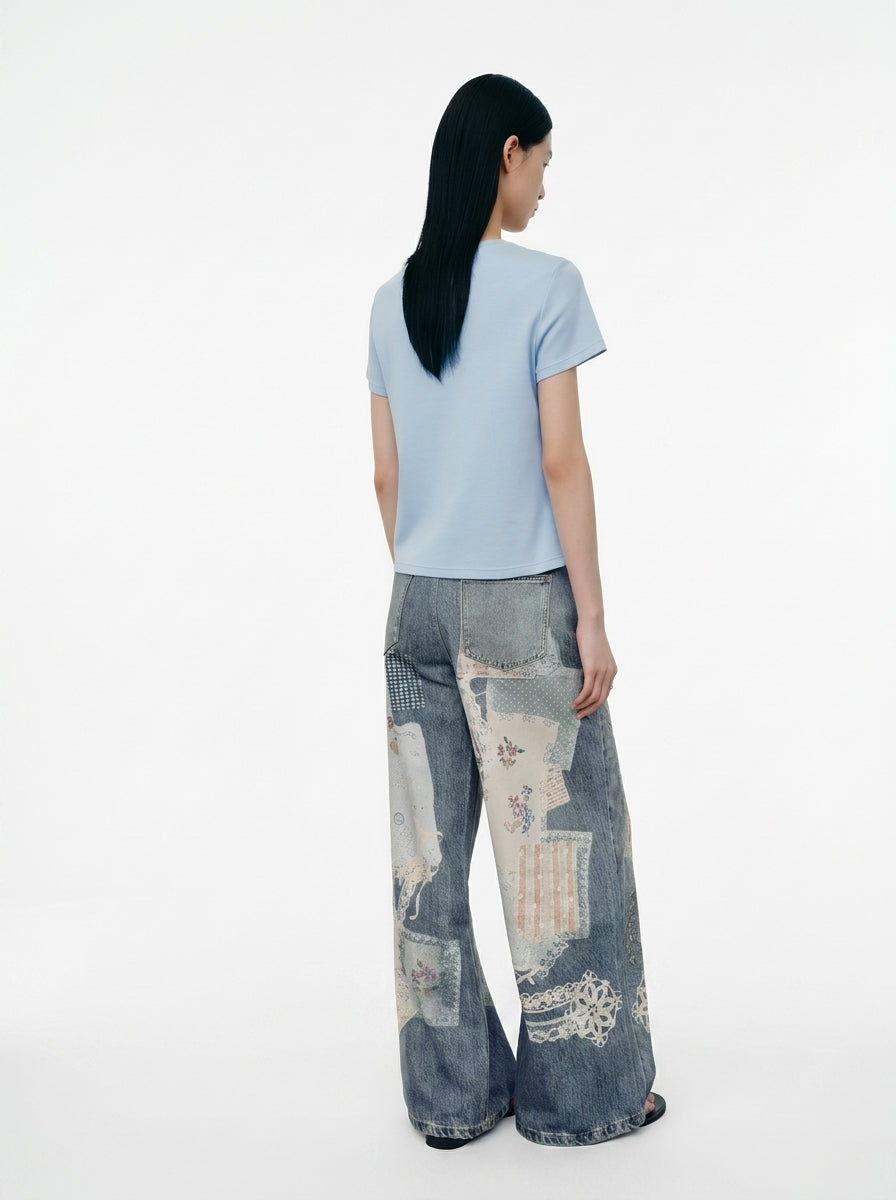 Patchwork Floral Wide-Leg Jeans