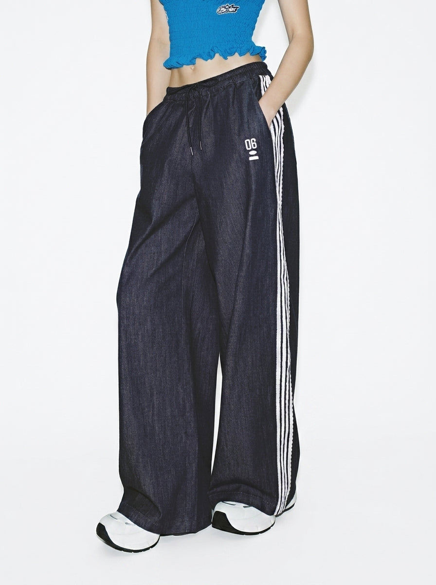 Wide-Leg Denim Track Pants