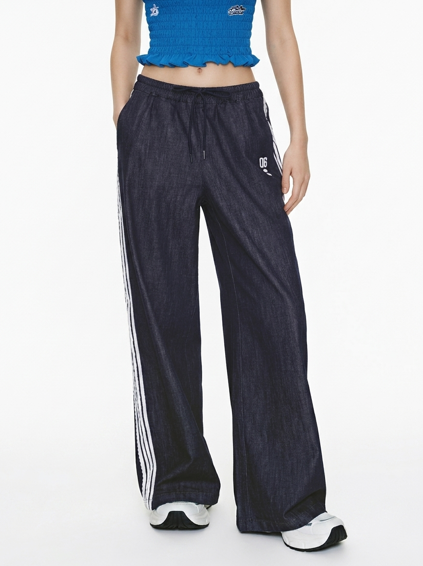 Wide-Leg Denim Track Pants