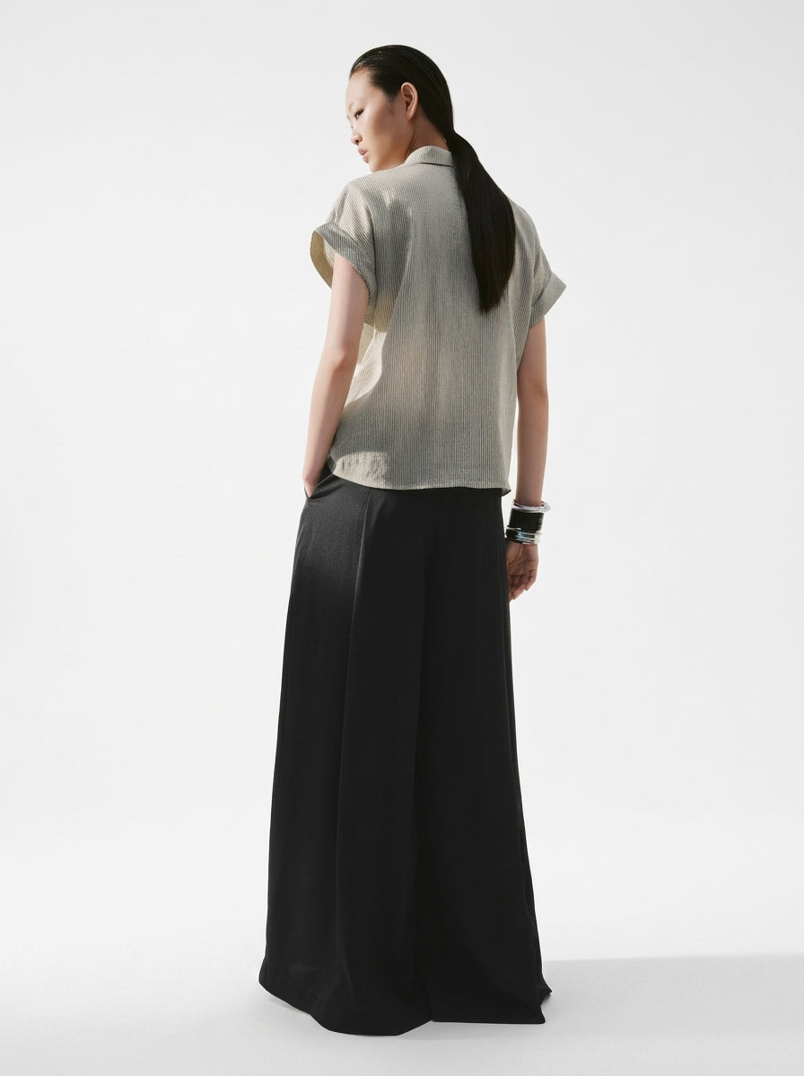 Black Wide-Leg Pleated Drawstring Pant