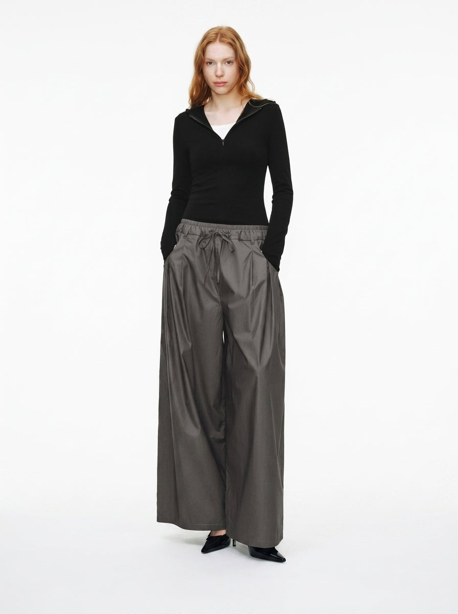 Dark Gray Wide-Leg Drawstring Pleated Pants