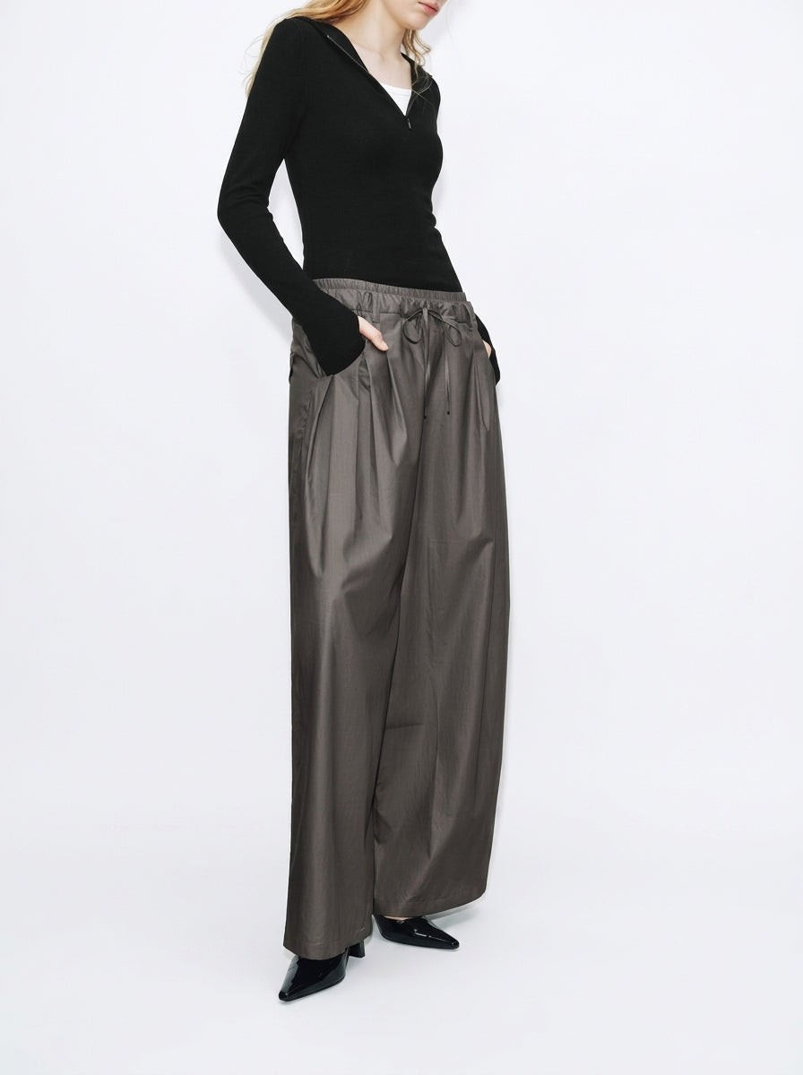 Dark Gray Wide-Leg Drawstring Pleated Pants