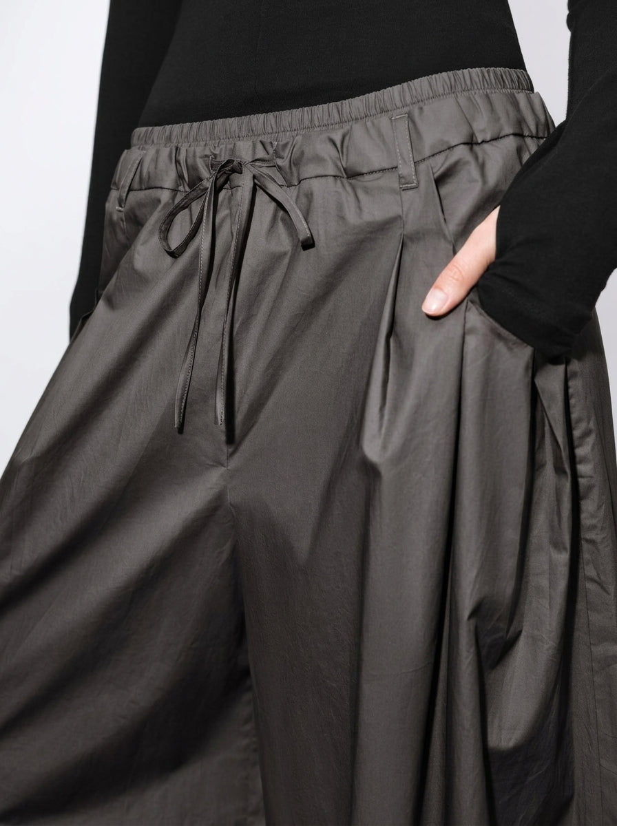 Dark Gray Wide-Leg Drawstring Pleated Pants