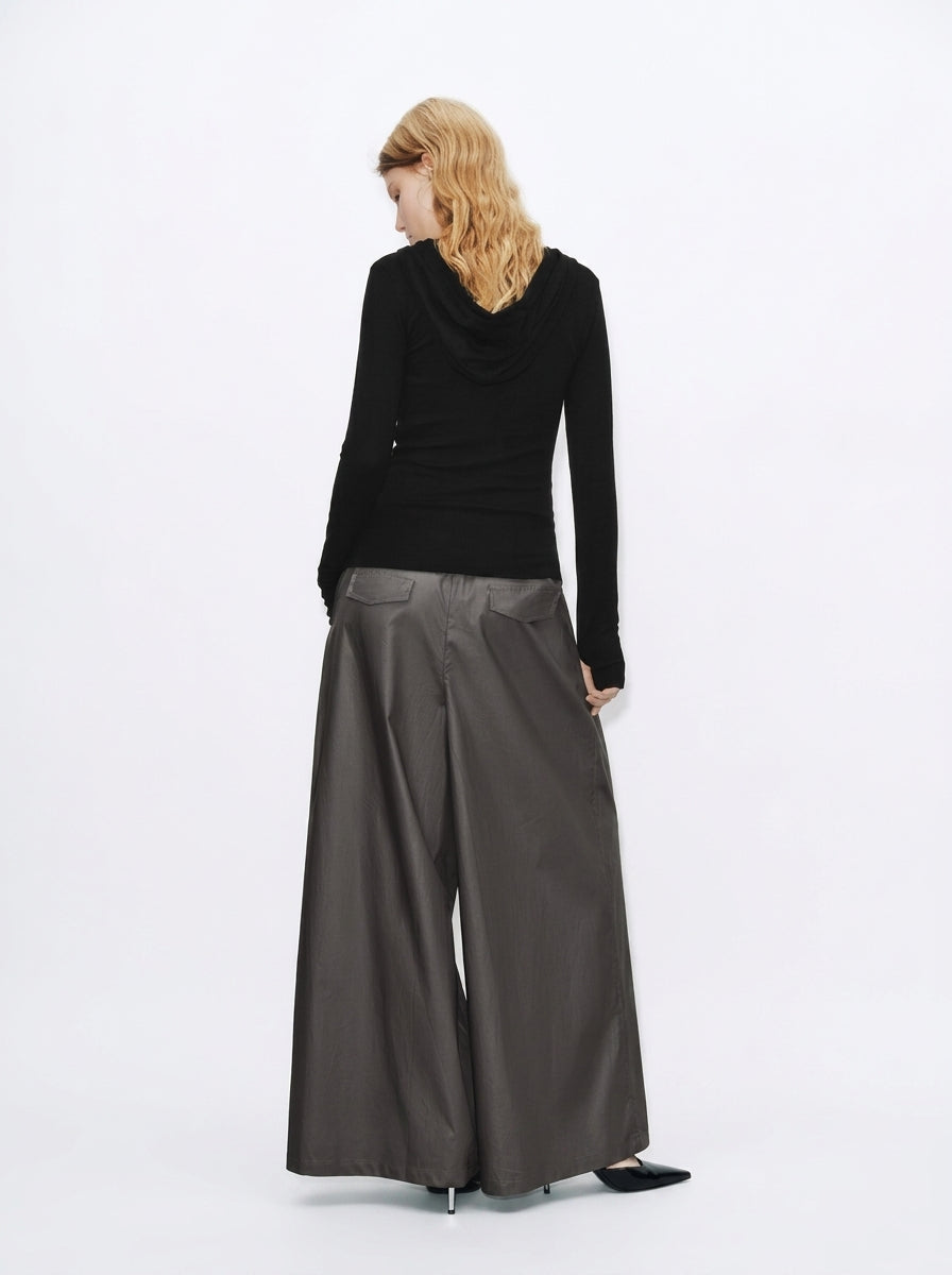 Dark Gray Wide-Leg Drawstring Pleated Pants