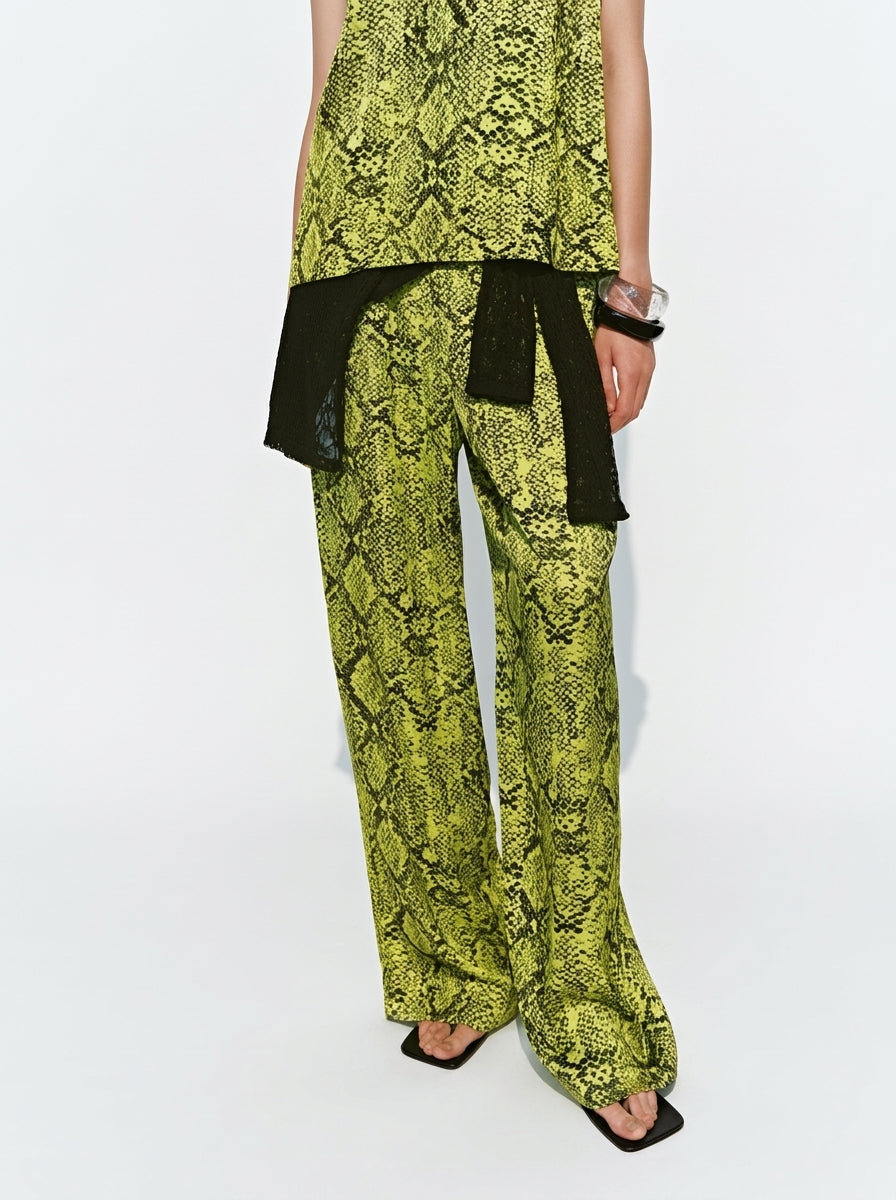 Lime Green Snakeskin Print Vest &amp; Wide-Leg Pants Set