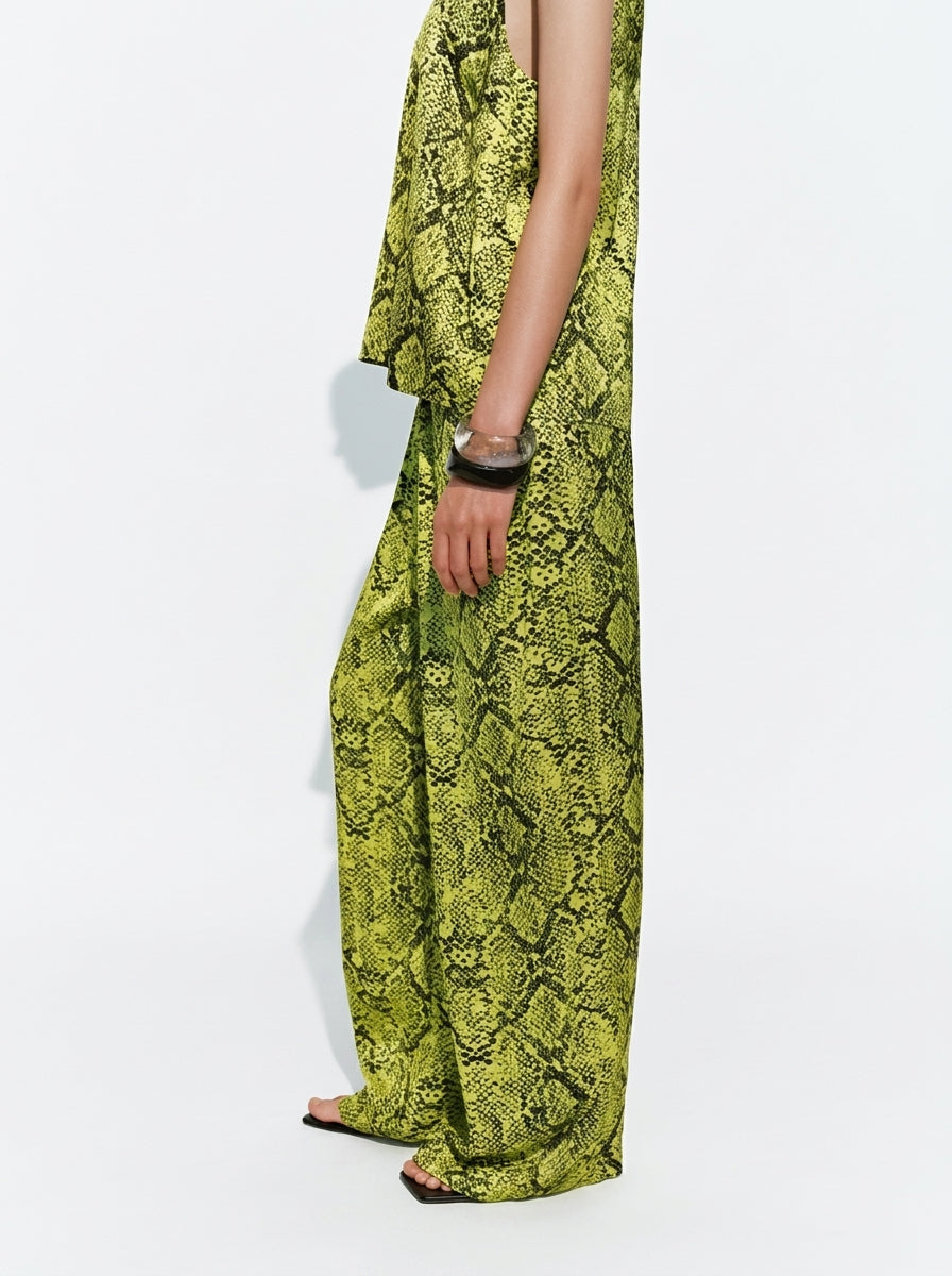 Lime Green Snakeskin Print Vest &amp; Wide-Leg Pants Set