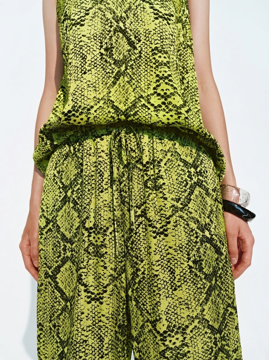 Lime Green Snakeskin Print Vest &amp; Wide-Leg Pants Set