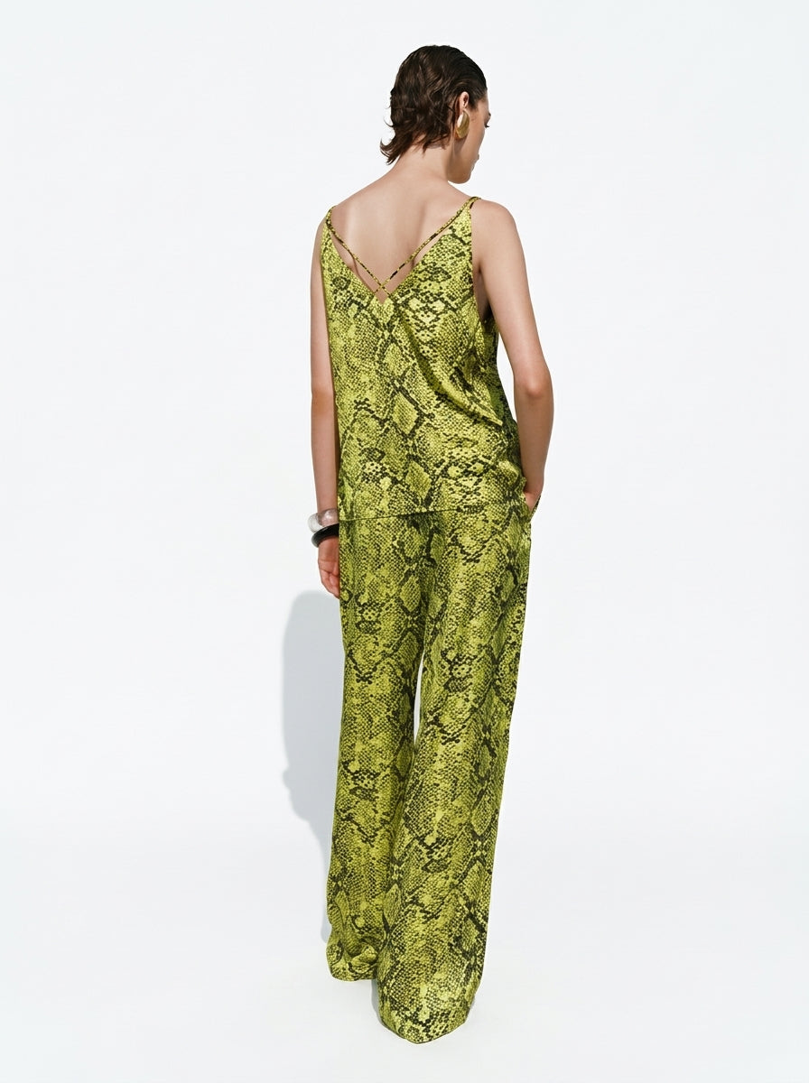 Lime Green Snakeskin Print Vest &amp; Wide-Leg Pants Set