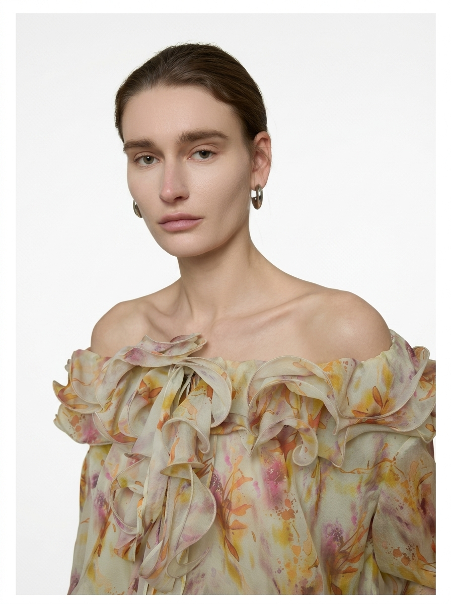 Floral One-Shoulder Long Sleeve Blouse