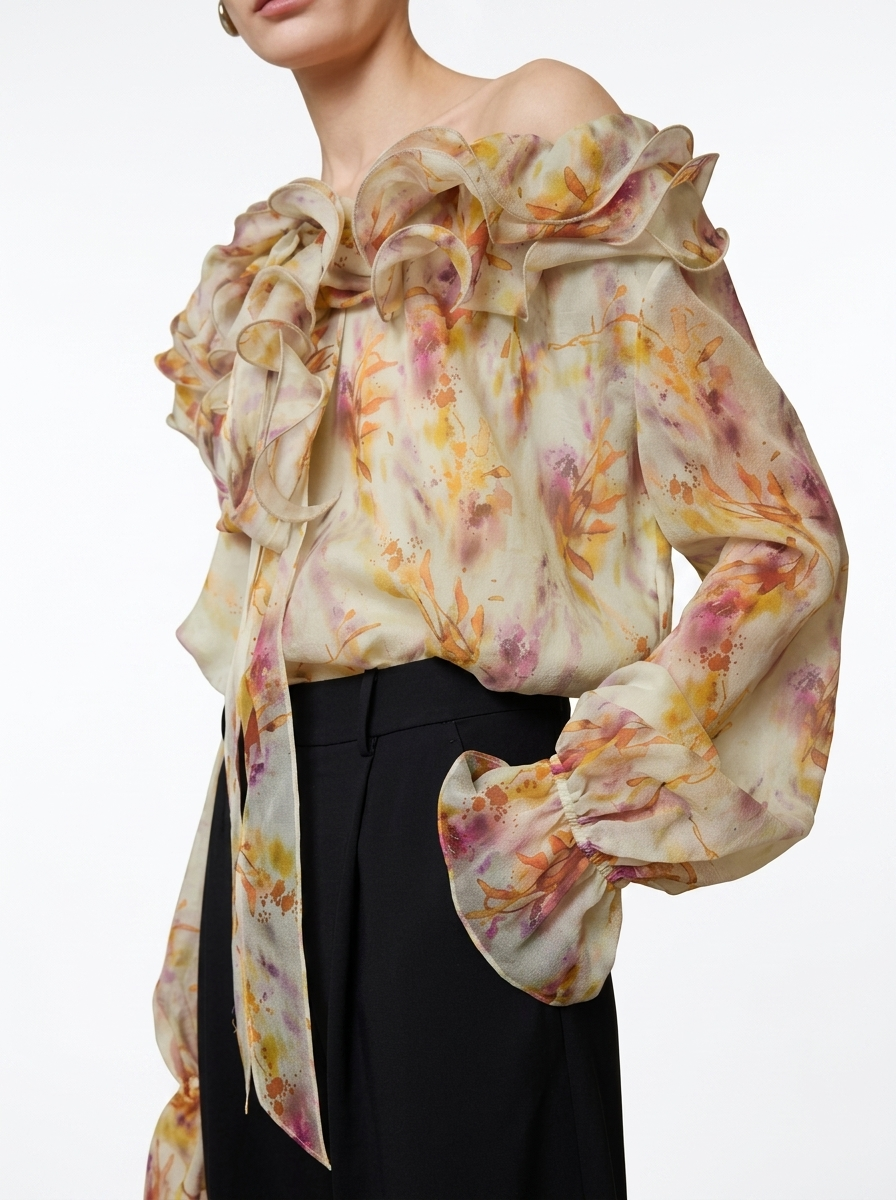Floral One-Shoulder Long Sleeve Blouse