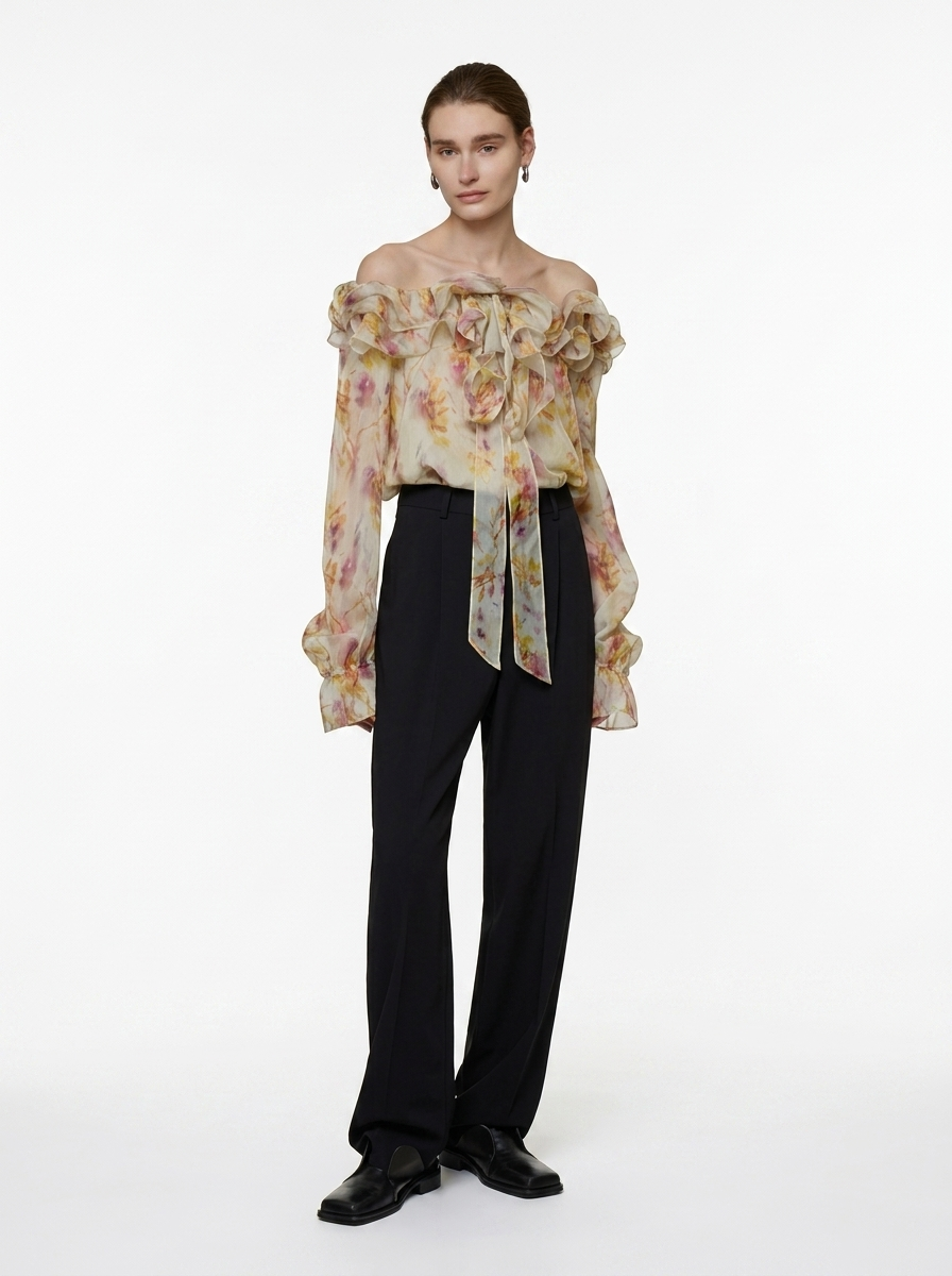 Floral One-Shoulder Long Sleeve Blouse
