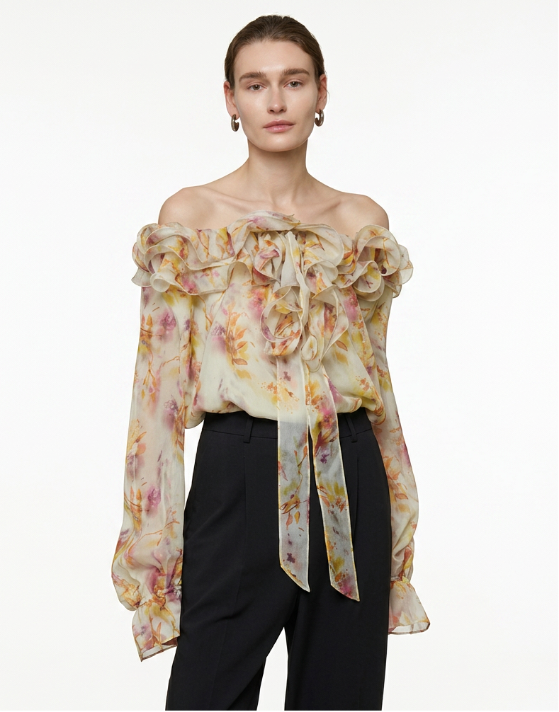 Floral One-Shoulder Long Sleeve Blouse