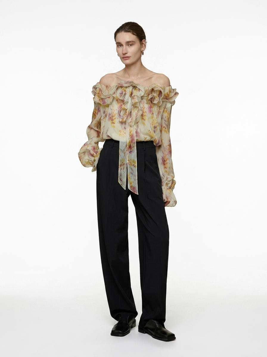 Floral One-Shoulder Long Sleeve Blouse