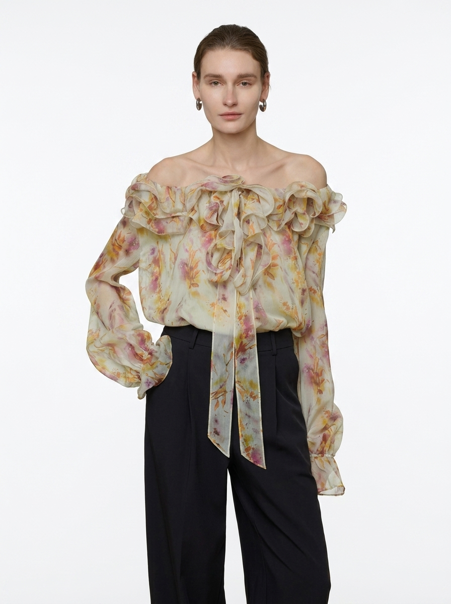 Floral One-Shoulder Long Sleeve Blouse