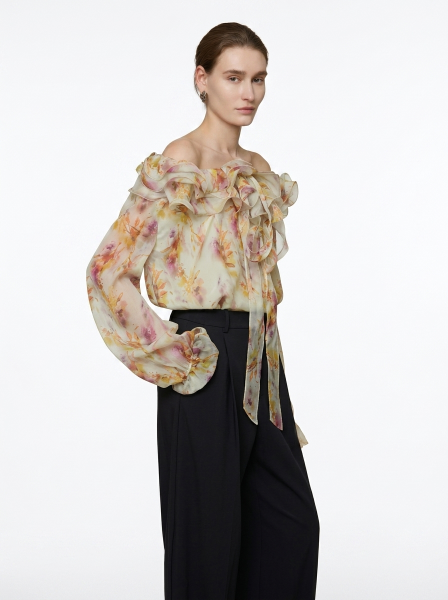 Floral One-Shoulder Long Sleeve Blouse