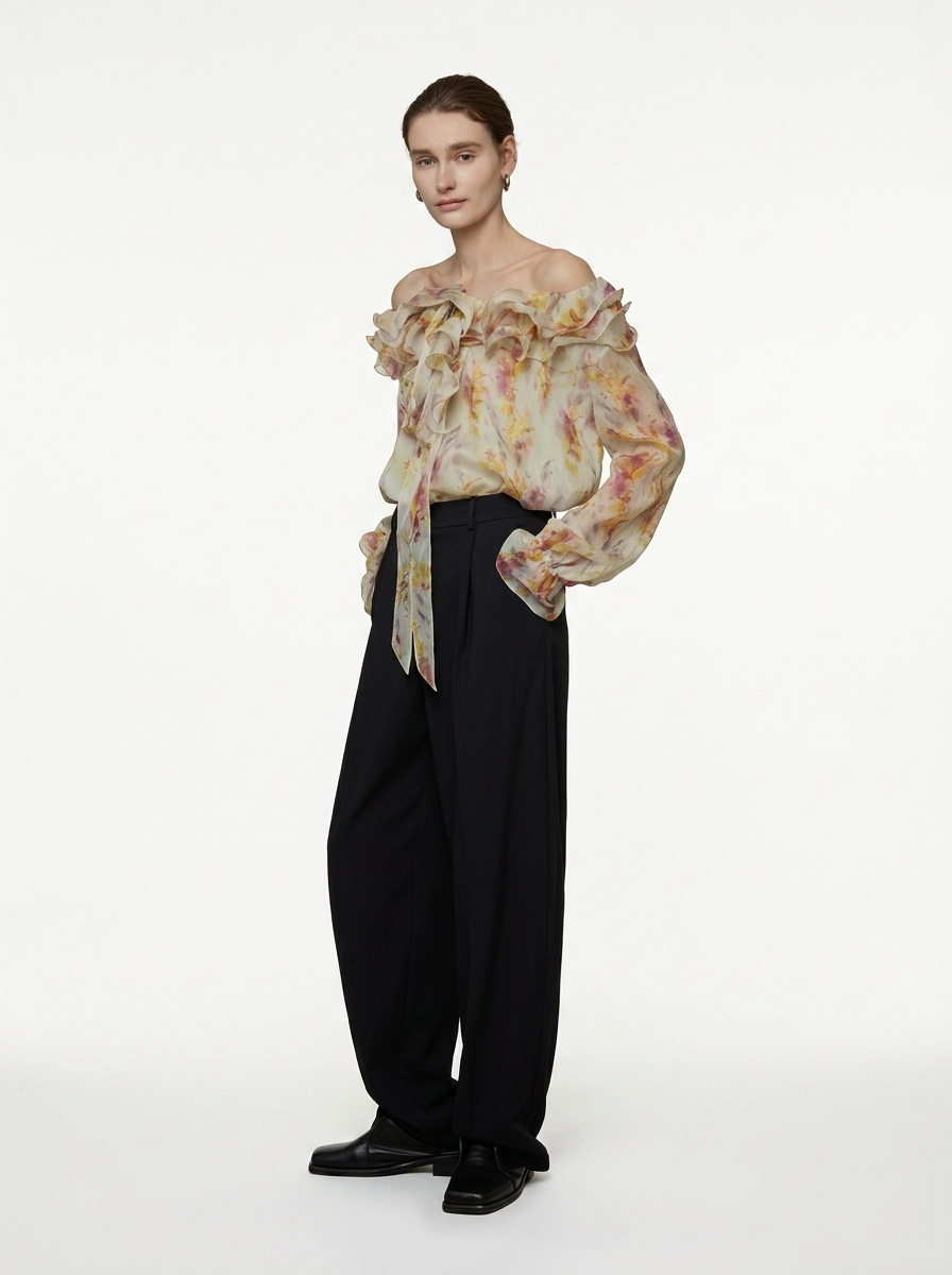 Floral One-Shoulder Long Sleeve Blouse