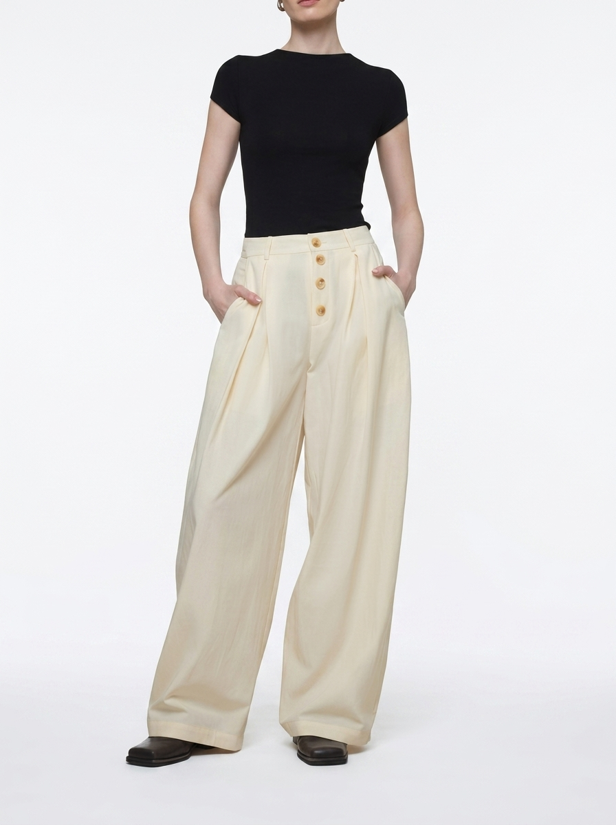 Cream Wide-Leg Straight Pants