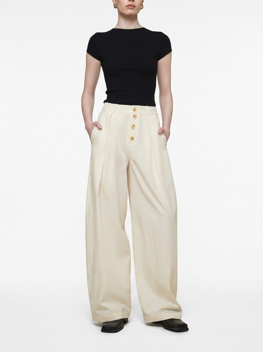 Cream Wide-Leg Straight Pants